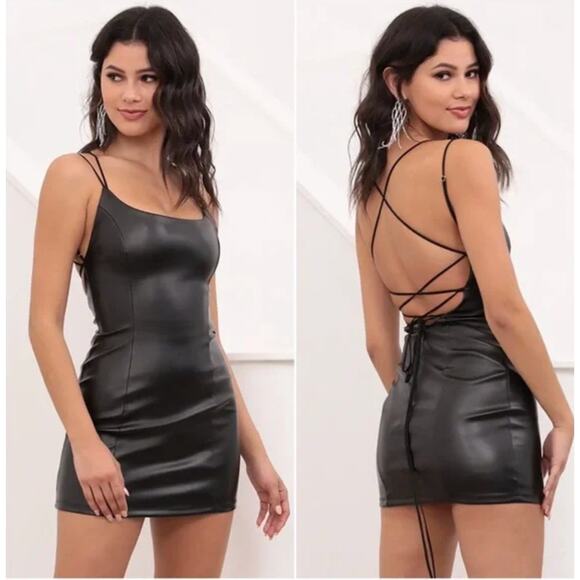 LUCY IN THE SKY | Black Faux Leather Lace up back Mini Dress | Extra Small - Picture 1 of 7